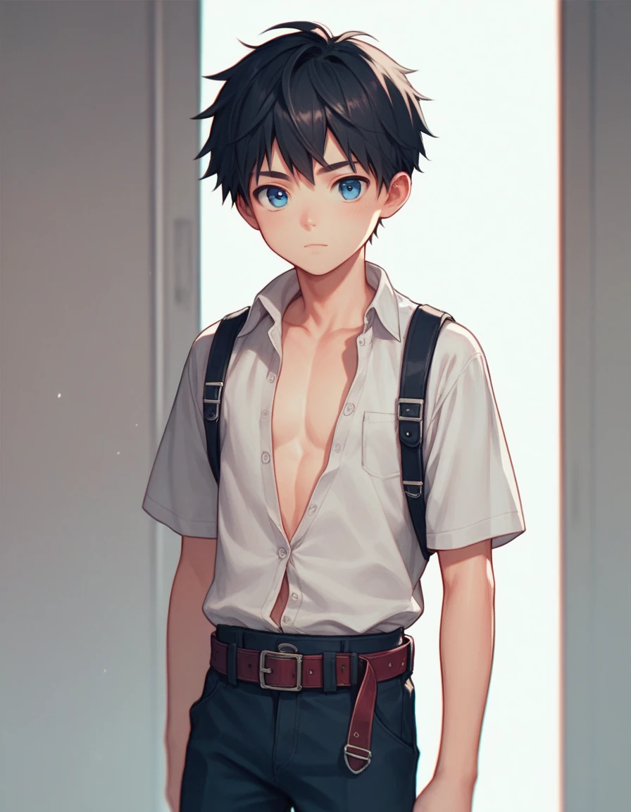 anime, kid, boy, cute face, unbuttoned shirt, school pants, belt, black hair, blue eyes