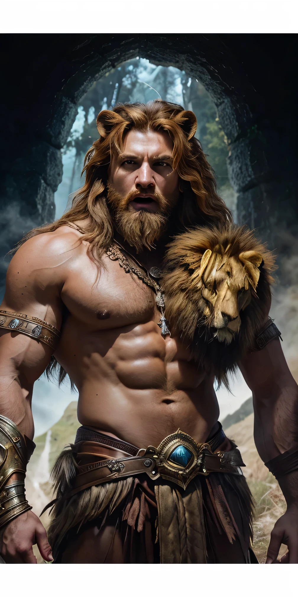 a majestic lion roaring angrily in the wild, a powerful Greek warrior fighting the lion, high resolution, super detailed, professional, studio lighting, HDR, bright colors, clear focus, intense expression, sharp blue eyes, strong physique, elegant fur, the scene shot from behind as if taken by a camera, dusty, green grass visible in the background, sci-fi game concept art style, capturing the power of wilderness, fine art nature photography, fascinating, spectacular lighting, contrast of light and shadow, minimalist composition, a true masterpiece, Hercules standing tall as the embodiment of strength and courage, heroic depiction of the legendary demigod and son of Zeus, adorned in the iconic lion's skin, muscles rippling, surrounded by ancient Greek mythology castle, full body shot portrait ,