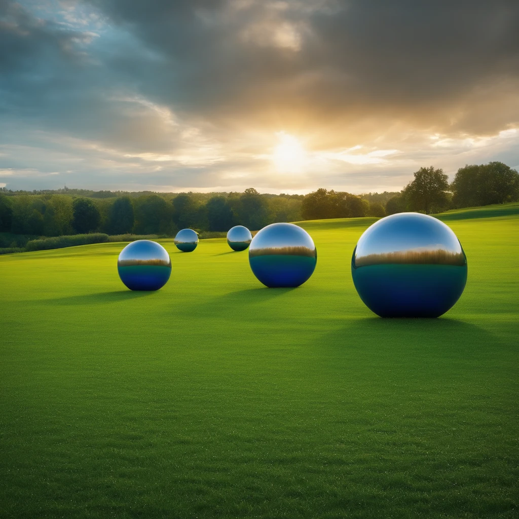 A flat field with green grass and reflective blue balls.