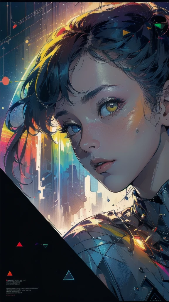 (((masterpiece, highest quality))),(((solo:1.2))),(((1girl:1.2))),32k wallpaper, very detailed, poster, vintage science fiction,(((((geometric cinematic movie poster))))), ((((bauhaus)))),(((abstract))),((((mid century modern)))),(((((portfolio))))),(((((Close-up))))),(((((bust up))))),((((more various angle)))),(((highlight))),((((heterochromia)))),(((complete. detailed face))),(((Extremely talented))),(((most complecated machine))),(((Overall colorfully))),((((((Absolutely simple background)))))),(((amazing huge rainbow))),(((spectrum)))