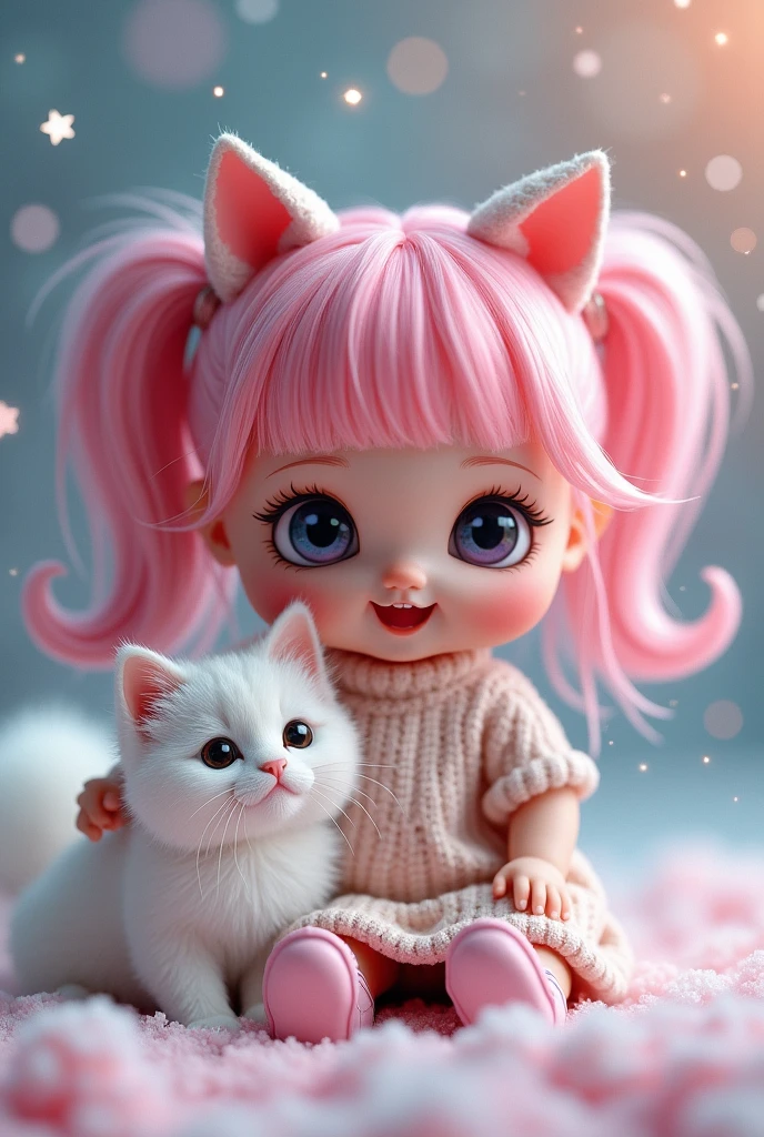 Little doll using cat ears with pink hair smiling looking to the front with a white cat with a magic background