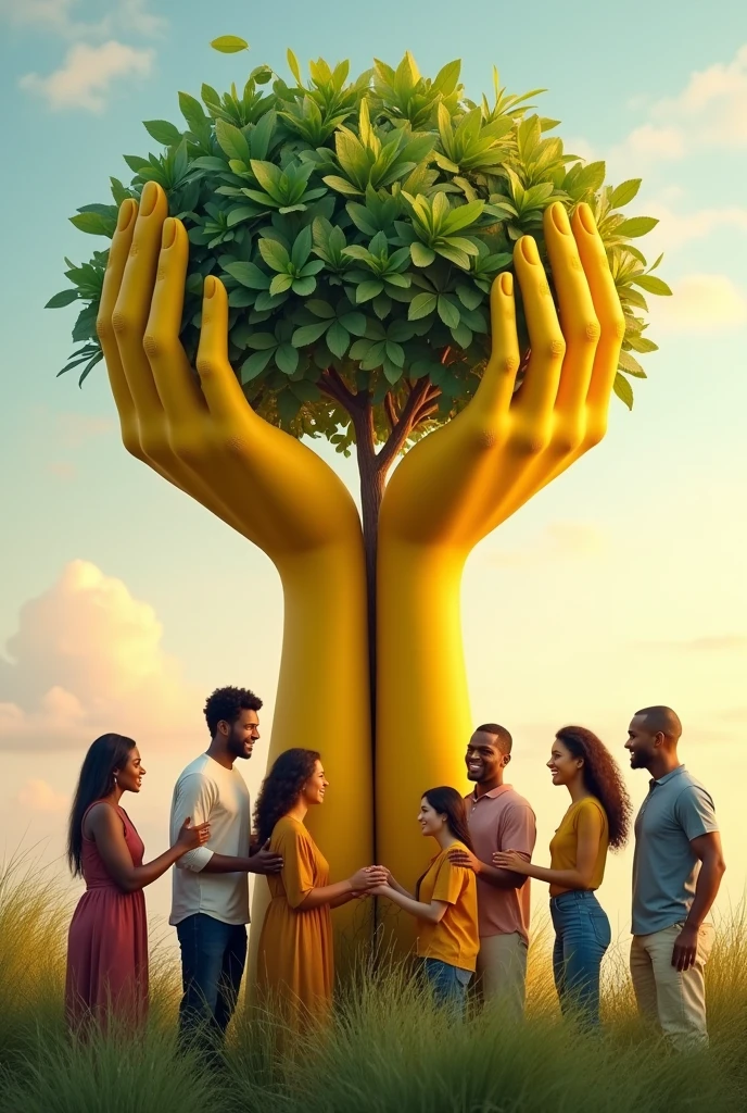 An image where two yellow hands raised high form the crown of a tree, a patch of leaves where at the foot of this tree people of different ethnicities connect