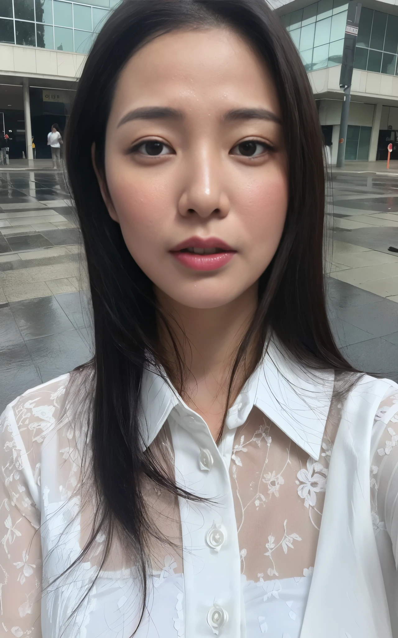 (masterpiece, Highest quality), One girl, Beautiful office lady, Very wet, soaked from heavy rain, Long black hair, Straight hair, White blouse, ((face close up:1.2)), saggy big breasts:0.3, Serious expression, Street Background, Detailed Scene, Reflective Puddle, Dark Clouds, heavy rain, realistic rain effect)