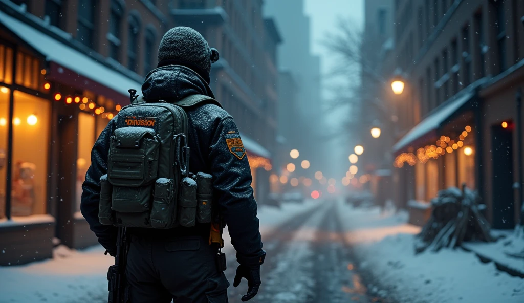 a agent from the game the division in full combat on the abandoned streets of downtown new york, nighttime, christmas time, cinamatic action photo, work of art, award winning