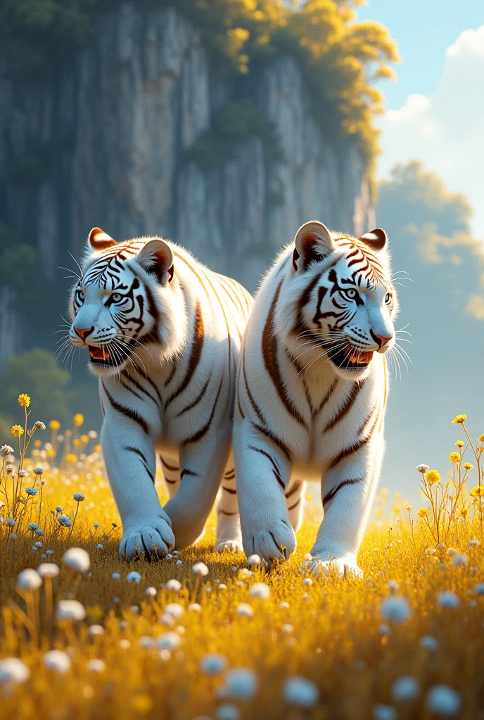 full lenght a Full-body picture with two large, beautiful white tigers, sea-blue eyes, running and playing with each other amidst the beauty of a field of small, light yellow flowers, going with the wind. The corner of a steep cliff has small flowers growing all around, beautiful, glowing and sparkling light. Three-dimensional picture, oil painting, sharp picture, art picture of Professor Chalermchai.