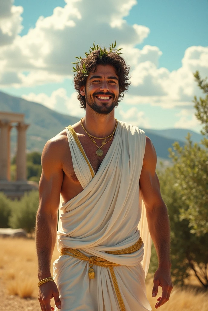 young greek god ,wearing ancient Greek clothing, smiling