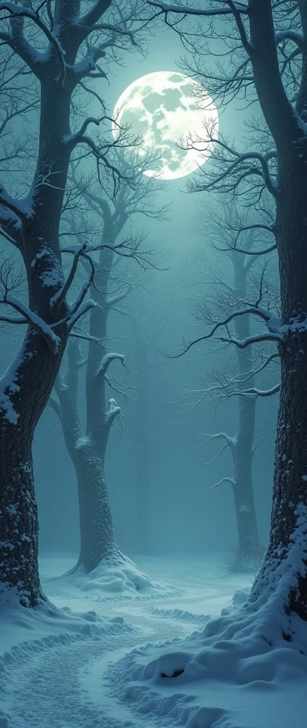 (wood々only the top and full moon are visible.) 在月光下大暴风雪的森林 close 雪覆蓋森林 很大的扭曲 樹wood形狀奇特樹枝多 ( Looking from bottom to top) close (wood々only the top and full moon are visible.) heavy snow, wood々rays of moonlight piercing through the gaps. High Dynamic Range, super high quality, Tyndall effect. shrouded in a layer of blue-green mist, with a rich, luminous moon. Spooky atmosphere. thick fog enveloping the surroundings. A forested environment、evokes a sense of mystery and suspense. Breathtakingly beautiful. Tyndall effect. Mysterious glow. Detailed Description. Surreal. A dreamlike world. Sharp focus., restricting the depth of the writing, Best Shadow, Perfect light, High Dynamic Range, Realistic Textures, a wide-angle shot of an ultra-detailed background