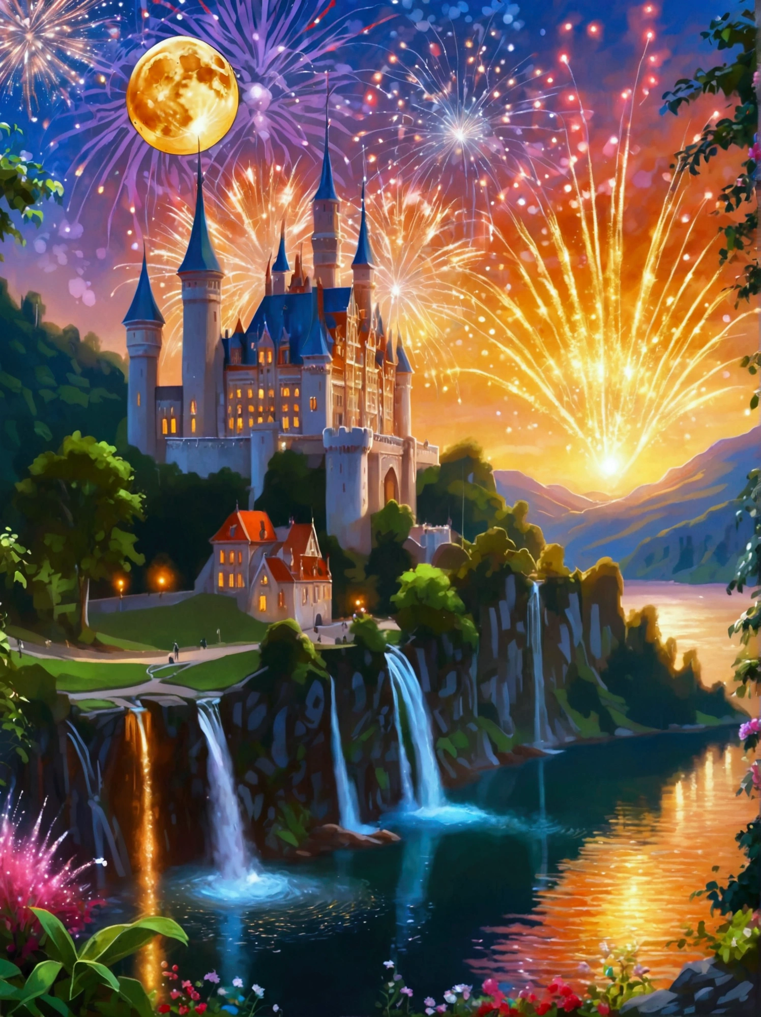 (Neon), Circuit Board, (moon:1.5), (Bubbles), (fireworks:1.5), Dreams, (Psychedelic), (Neon light), (A peaceful and magical dream castle), In this vibrant, Charming surroundings, center, A dreamy and majestic castle, Central Lake, Surrounded by a variety of aquatic plants, Many different types and colors of flowers adorn the beautiful landscape, Multiple waterfalls burst from nearby cliffs, Their waters sparkle in the dawn light, When they poured into the lake, The sun is just beginning to peek over the horizon, The first rays of sunlight of the day cast beautiful, warm tones over the castle and surrounding nature., (Ultra HD, precise, The award-winning, 8k), High Detail, masterpiece, Anatomically correct, textured skin, high quality