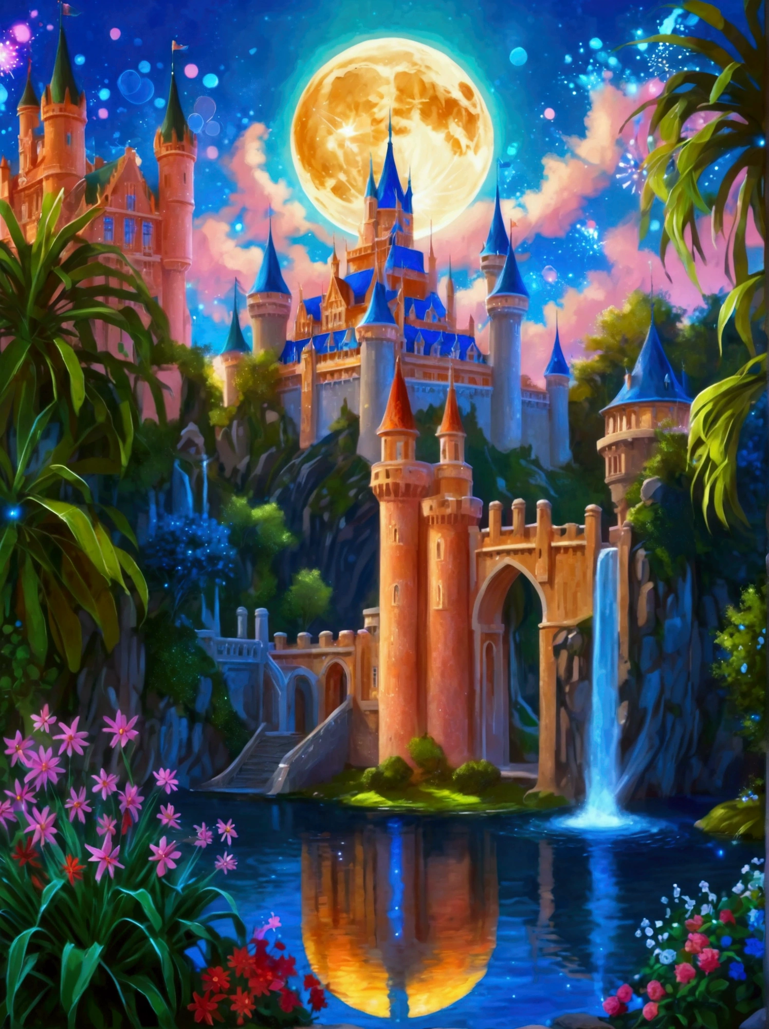 (Neon), Circuit Board, (moon:1.5), (Bubbles), (fireworks:1.5), Dreams, (Psychedelic), (Neon light), (A peaceful and magical dream castle), In this vibrant, Charming surroundings, center, A dreamy and majestic castle, Central Lake, Surrounded by a variety of aquatic plants, Many different types and colors of flowers adorn the beautiful landscape, Multiple waterfalls burst from nearby cliffs, Their waters sparkle in the dawn light, When they poured into the lake, The sun is just beginning to peek over the horizon, The first rays of sunlight of the day cast beautiful, warm tones over the castle and surrounding nature., (Ultra HD, precise, The award-winning, 8k), High Detail, masterpiece, Anatomically correct, textured skin, high quality