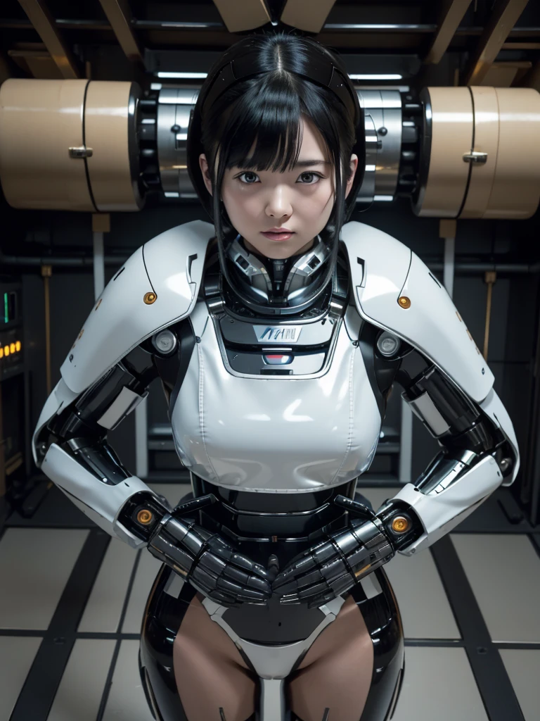 masterpiece, Highest quality, Very detailed, Japaese アンDroid girl,Portraiture,Plump,Thick,Control panel,アンDroid,Droid,Mechanical Hand, robotの腕と脚, Black Hair,Blunt bangs,perfect robot girl,Long tube,A thick cable was attached to her neck.,アンDroid,robot,humanoid,cyborg,japanese cyborg girl ,robot-assembly plant,She is now assembling,Assembly scene,Chubby,