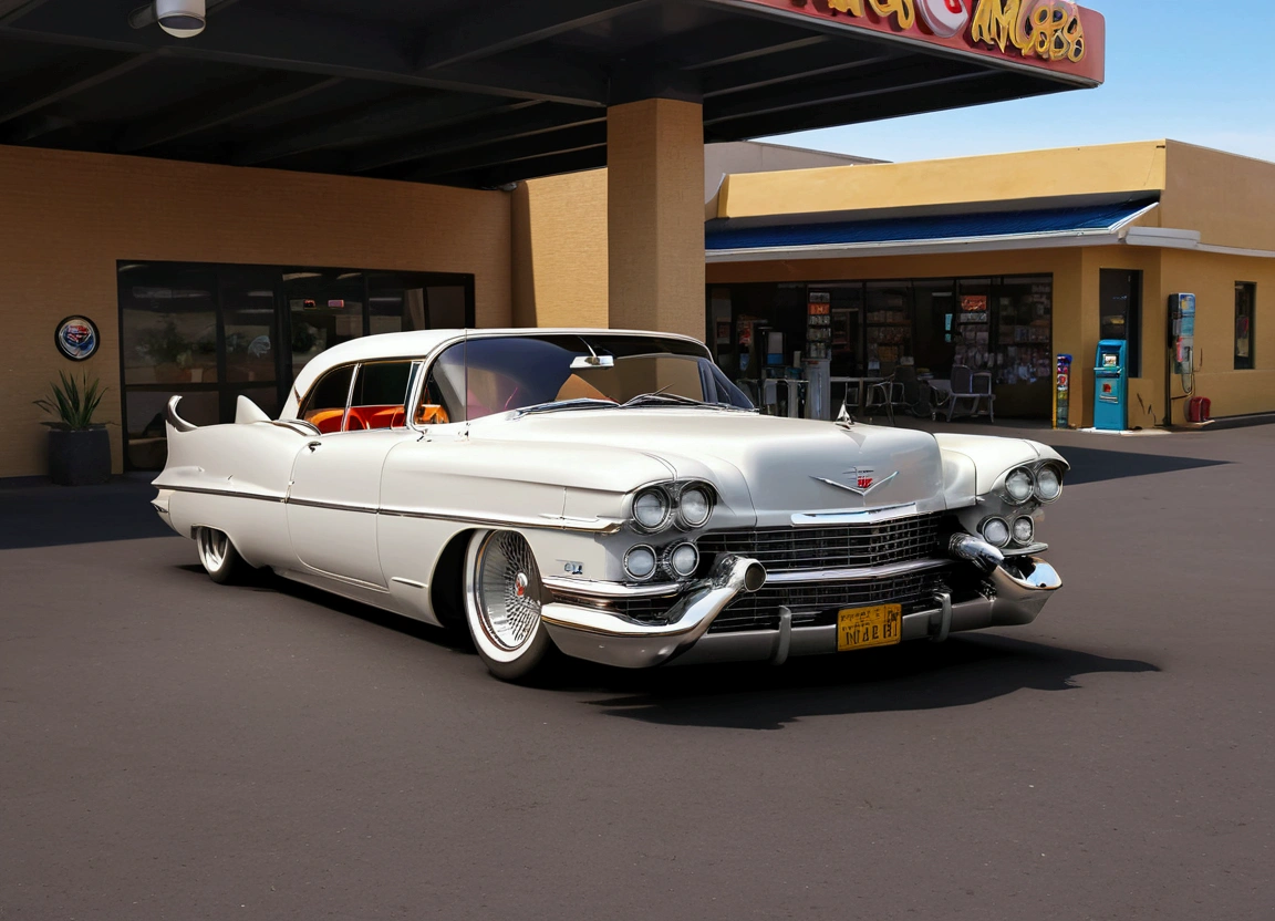 DIAGONAL and distant CAMERA, full image of a 1959 Cadillac Eldorado Biarritz convertible 4-door limousine hot rod, futuristic style, rounded corners, SILVER MIRROR METAL REFLECTIVE, SILVER MIRROR METALLIC, EXTREMELY POLISHED AND MIRRORED PAINTING, PAINTING reflects bright sunlight, Hot rod style, film style stalone cobra, The painting reflects the bright sunlight, reflection of light shine on painting, has a THICK AND WIDE wheel in the color GOLD star, turned wheels, has GOLD star color wheel, thick and ridiculously wide and turned sports wheels, GOLDEN AND POLISHED WHEELS, ridiculously lowered front suspension and raised rear suspension, detailed grille with cross ornaments, car with extreme details, IN A PARKING LOT IN FRONT OF A GAS STATION STYLE with neon, image in diagonal pose, hyper-detailed image masterpiece, whole image, The sun shines brightly on the car's paint., There's a beautiful 18 year old girl leaning against the car. ultra detaild, realisitic, There's a beautiful 18 year old girl leaning against the car. ultra detaild, realisitic
