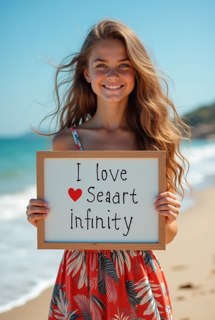 Beautiful girl with wavy long hair, bohemian dress, holding a white board with text "I Love Seaart Infinity" and showing it to the viewer open ano