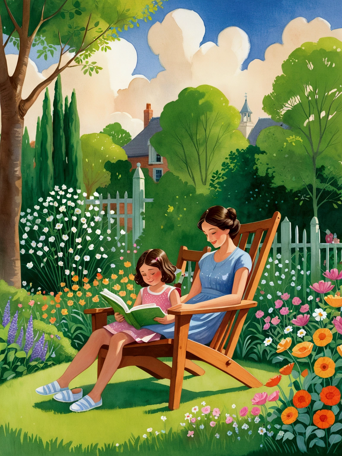 painting of a woman and child sitting in a chair in a garden, children book illustration, children's book illustration, children’s book illustration, story book illustration, colorful kids book illustration, storybook illustation, children's illustration, childrenbook illustration, illustration for children, childrens book illustration, storybook illustration, a storybook illustration, a beautiful artwork illustration