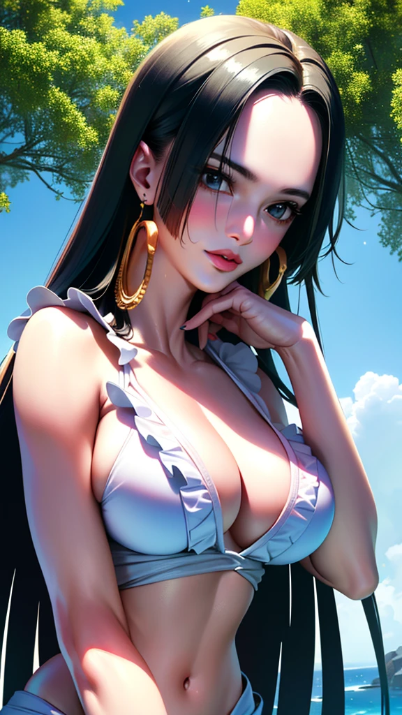 ultra realistic 8k cg, masterpiece, ((ultra detailed background, delicate pattern, intricate details, beautiful legs, highly detailed, best quality fine details, hyper detailed face)), (photorealistic: 1.4), beautiful lighting, absurdities, RAW photo, film grain, BoaHancockV2, 1girl, solo, black hair, long hair, jewelry, closed mouth, (((average breasts, skinny girl))), (white low-cut bikini with black ruffles low, denim earrings, black eyes , complex detailed background, inside, island environment with trees, flowers, birds in the sky), ((close-up, portrait)),