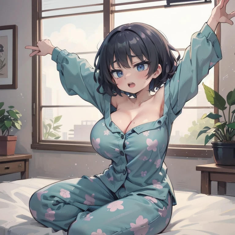 Anime Kawaii sexy Perfect Slim sensual body large breast and huge thighs, An intricate and highly detailed illustration of anime (Young girl) (masterpiece:1.2), Detailed fingers, Beautiful woman, Sitting on the bed, She is wearing a loose off-the-shoulder top., Pajama pants, Short Curly Hair, indoor, Soft lighting, Background plants, Window with sunlight, Cozy rooms, Relaxed pose, Intricate details, Warm colors, Japanese schoolgirl, stretching arms upwards, yawn loudly