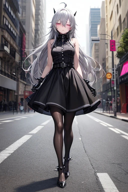 ((best quality)), ((masterpiece)), (detailed), 1 girl, Full body, 18 years old, Depressed face, magenta eyes, Arms behind waist, Eyes covered, Blushing, Silver hair, long hair, ahoge, Bangs, strand of hair covering her right eye, mask, Full body, very tall, very Small breasts, Slim body, Grey hood, Metal spikes, Grey wristbands, Long black gloves with spikes, Grey goth outfit, Gothic ta, Grey dress with metal spikes, Metal emblem, Tight fitting, Black belt, Metal skin, Black pantyhose, Black shoes, Walking through the city, Metal spikes coming out of the road, City background, Anime
