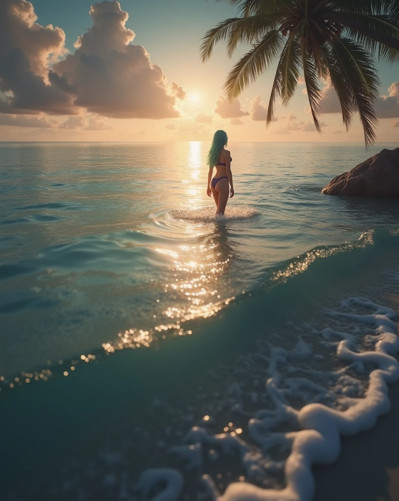 beautiful girl, green hair, back view, Swimsuit, ultra quality, cinematic world
