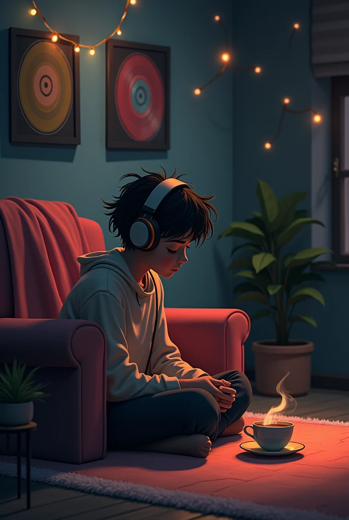 night、Listen to music in a cozy room, Using headphones, 2D-style animation, Lo-Fi, High resolution, Dark Environment