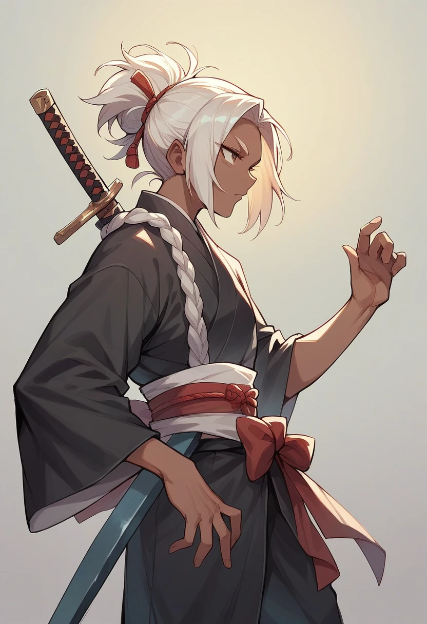 Samurai from the side ,dark style with sword in one hand with a striking gaze