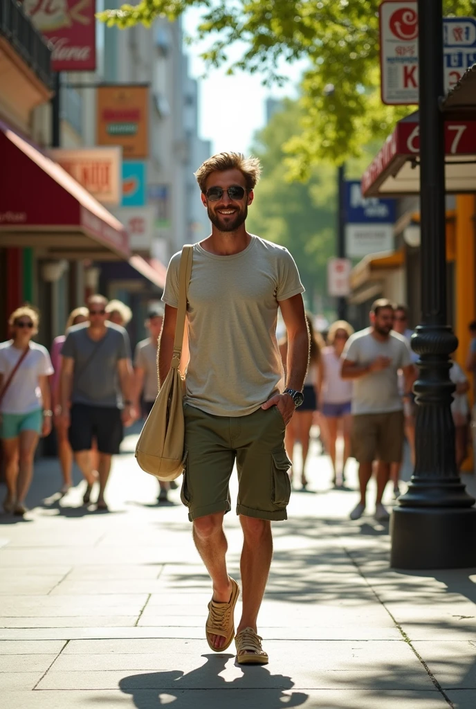 man wearing cargo shorts in the city