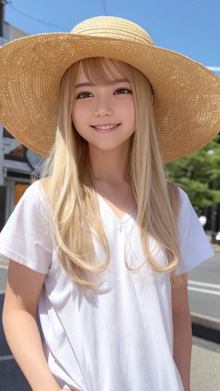 Highest quality、masterpiece、Ultra-high resolution、(Realistic:1.4)、Glowing Skin、Glowing Skin、RAW Photos、1people、１people々、一peopleで、18-year-old、((blonde、Blonde))、Whole Body Ezbian、double eyelid、Loose and fluffy perm、Medium Long Hair、White skin、smile、優しいsmile、Straw hat、Spring Clothes、city