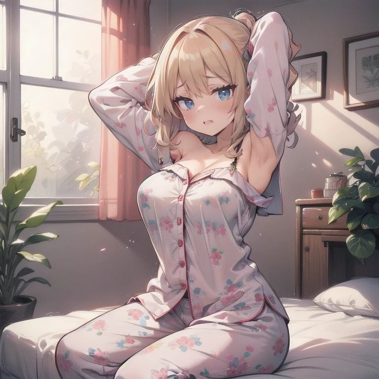 Anime Kawaii sexy Perfect Slim sensual body large breast and huge thighs, An intricate and highly detailed illustration of anime (Young girl) (masterpiece:1.2), Detailed fingers, Beautiful woman, Sitting on the bed, She is wearing a loose off-the-shoulder top., Pajama pants, Short Curly Hair, indoor, Soft lighting, Background plants, Window with sunlight, Cozy rooms, Relaxed pose, Intricate details, Warm colors, Japanese schoolgirl, stretching arms upwards, yawn loudly