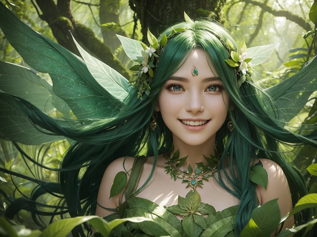 "A Leaf Fairy, a mystical creature connected deeply with nature and the wind. She has flowing green hair, delicate wings resembling leaves and flowers, and eyes that exude the vitality of nature. Though she appears to be in her early 20s, her true age is unknown, adding to her enigmatic aura. She is dressed in modest, plant-based clothing that emphasizes her close bond with the earth. Her expression is always gentle and calm, with a motherly smile that radiates warmth and serenity. New Leaf Fairies emerge from the ancient trees and fertile ground within lush forests, continuing the cycle of life in harmony with the natural world."