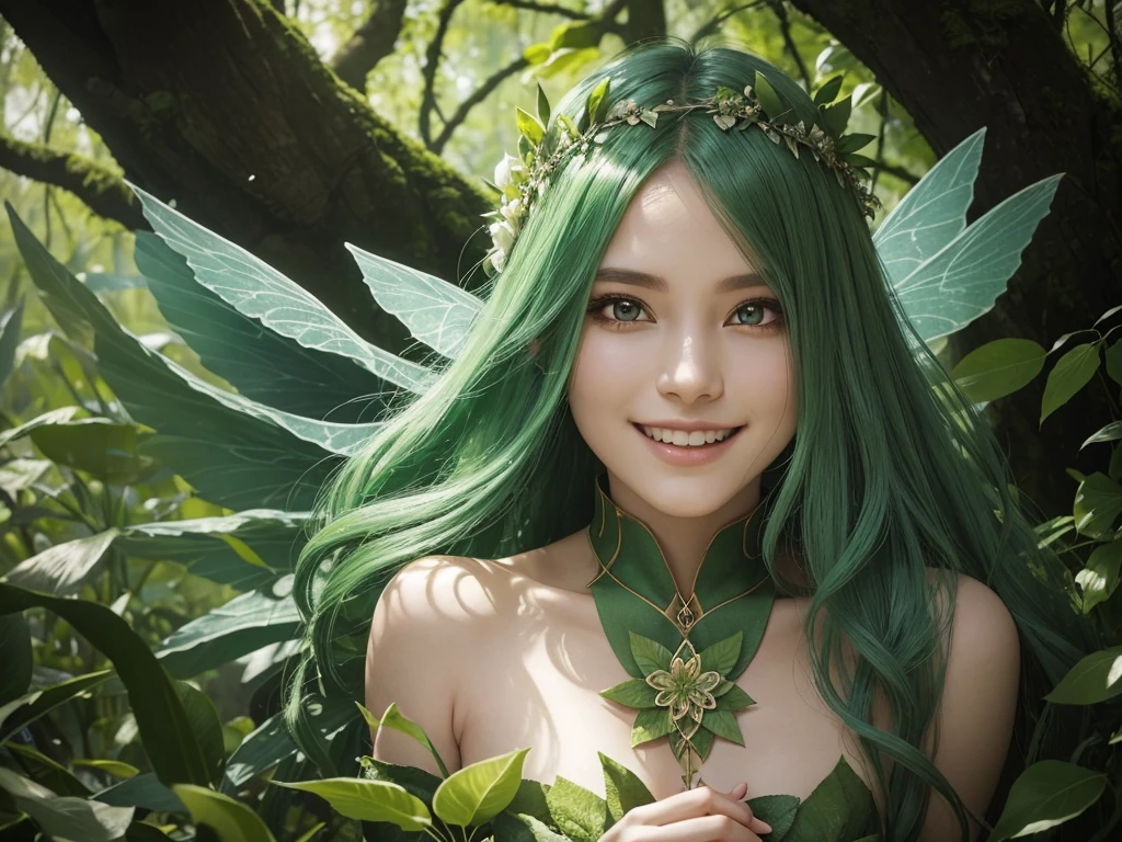 "A Leaf Fairy, a mystical creature connected deeply with nature and the wind. She has flowing green hair, delicate wings resembling leaves and flowers, and eyes that exude the vitality of nature. Though she appears to be in her early 20s, her true age is unknown, adding to her enigmatic aura. She is dressed in modest, plant-based clothing that emphasizes her close bond with the earth. Her expression is always gentle and calm, with a motherly smile that radiates warmth and serenity. New Leaf Fairies emerge from the ancient trees and fertile ground within lush forests, continuing the cycle of life in harmony with the natural world."