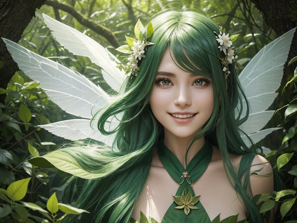 "A Leaf Fairy, a mystical creature connected deeply with nature and the wind. She has flowing green hair, delicate wings resembling leaves and flowers, and eyes that exude the vitality of nature. Though she appears to be in her early 20s, her true age is unknown, adding to her enigmatic aura. She is dressed in modest, plant-based clothing that emphasizes her close bond with the earth. Her expression is always gentle and calm, with a motherly smile that radiates warmth and serenity. New Leaf Fairies emerge from the ancient trees and fertile ground within lush forests, continuing the cycle of life in harmony with the natural world."