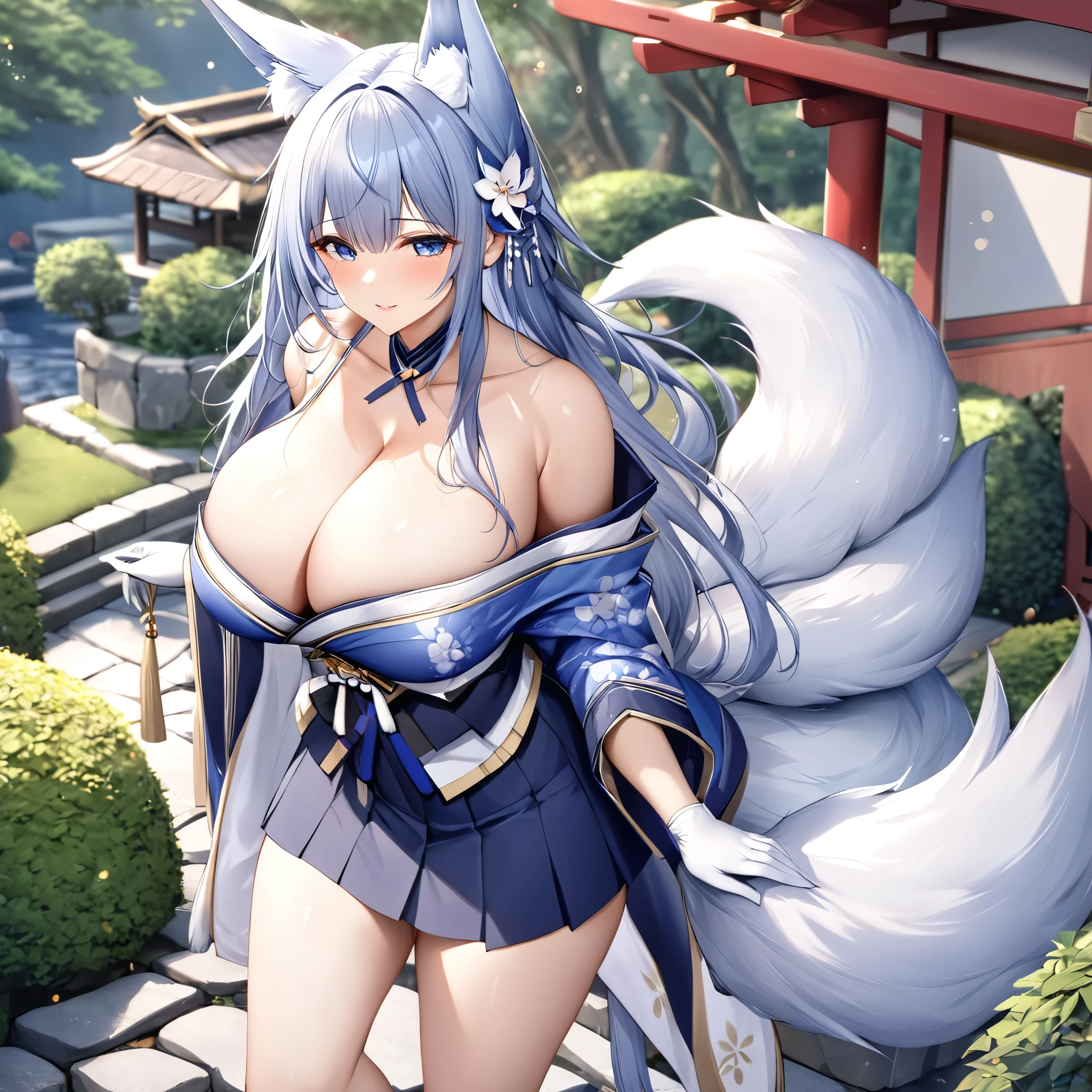 A woman wearing weak blue kimono, off shoulder kimono, big breasts, weak blue hair, blue eyes, sleepy face, eyes, perfect eyes, perfect smile, perfect lips, long hair, kitsune ear, kitsune tail, multi-tail , walking on a stone sidewalk, Japanese garden around, a blue necklace around the neck, weak blue skirt, short skirt Japanese gazebo in the background, daytime place, big breasts, standing posture, (Azur_lane, IJN_Shinano).UHD, masterpiece, accurate, anatomically correct, textured skin, super detail, high quality, best quality, 8k, high resolution, bokeh effect.(solo woman),white gloves, realistic, close view.