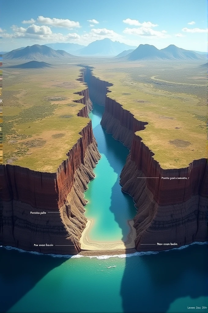 - Start with a single landmass.
- Draw a rift valley forming in the middle of the landmass.
- Show the landmass splitting apart on either side of the rift valley.
- Draw new ocean floor forming in the space between the separating landmasses.
- Label the drawing with "divergent plate boundary" and "new ocean basin".