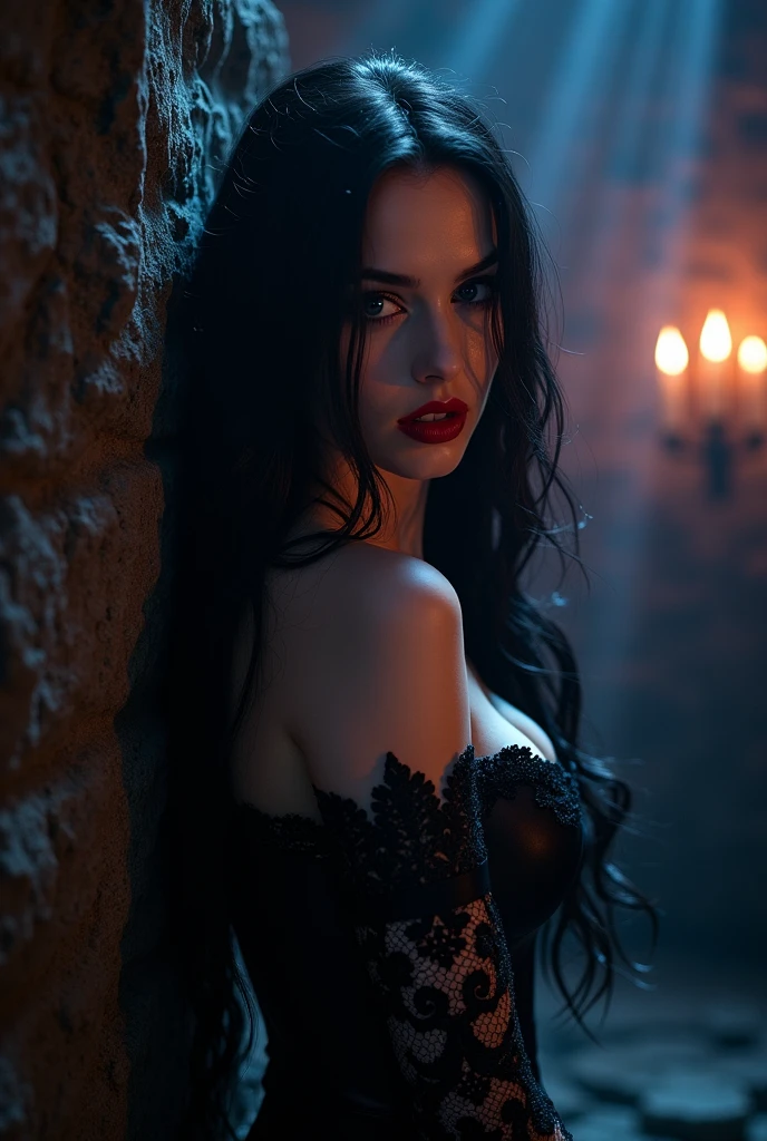 Image Quality:** High-resolution image (4K) to capture fine details.
**Lens Used:** 85mm f/1.4 lens for a stunning bokeh effect.
**Global Lighting:** Dim, atmospheric lighting with a moody blue and purple palette, enhancing the eerie ambiance.
**Theme and Feel:** The theme is “Seductive Darkness,” combining elements of fantasy and eroticism, evoking intrigue and danger.
**Subject Description:** A luscious vampire with pale, flawless skin and deep crimson lips, her long, flowing black hair cascading down her shoulders. She wears stclings, dark lace corset with intricate patterns that accentuates her curves and a flowing black hair that adds to her mystique.
**Location Description:** The vampire stands in a shadowy, gothic castle chamber, illuminated by flickering candlelight. Dark stone walls and cobwebs enhance the haunting atmosphere.
**Colors and Textures:** Rich blacks and deep reds dominate, with the soft lace creating a contrast against the rough textures of the stone.
**Emotion:** The image should evoke feelings of danger, seduction, and supernatural allure—capturing the essence of a captivating and powerful being.
**Pose:** The vampire leans erotic against an ornate stone pillar, gazing seductively at the viewer with a sultry smile, revealing a hint of fangs