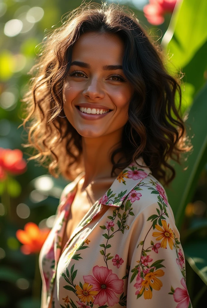 A Brazilian woman in a lush tropical garden, wearing an open shirt with a floral print, with a close-up capturing the harmonious beauty between her breasts and the natural flowers, showing off your natural charm and outgoing personality.