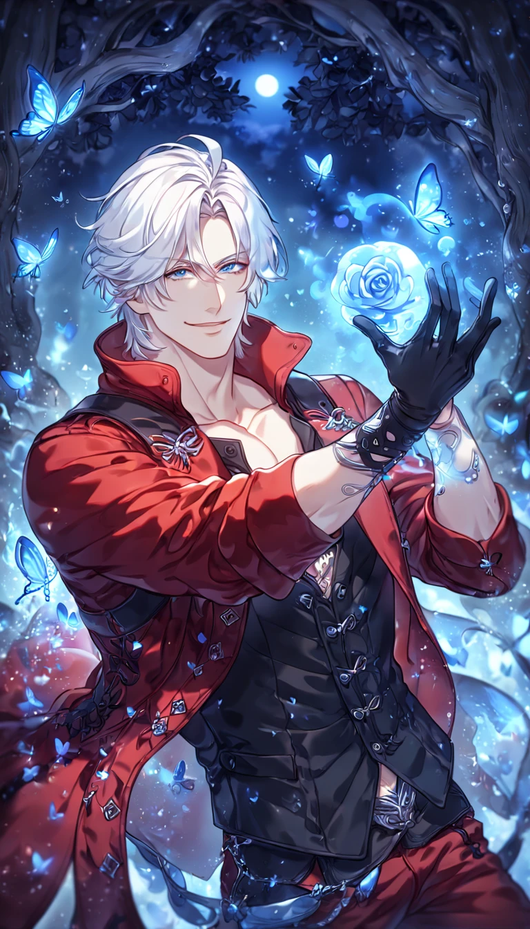 absurdres, highres, ultra detailed, HDR, master piece, best quality, Dante, white hair, expressive blue eyes, Devil May Cry, solo, sexy man, handsome, sensual, smile, manly man, red coat, black vest, unbuttoned, black gloves, magical, fantasy, under a blue tree, blue flames, blue moon, blue fireflies, blue roses, blue butterflies, glass magic