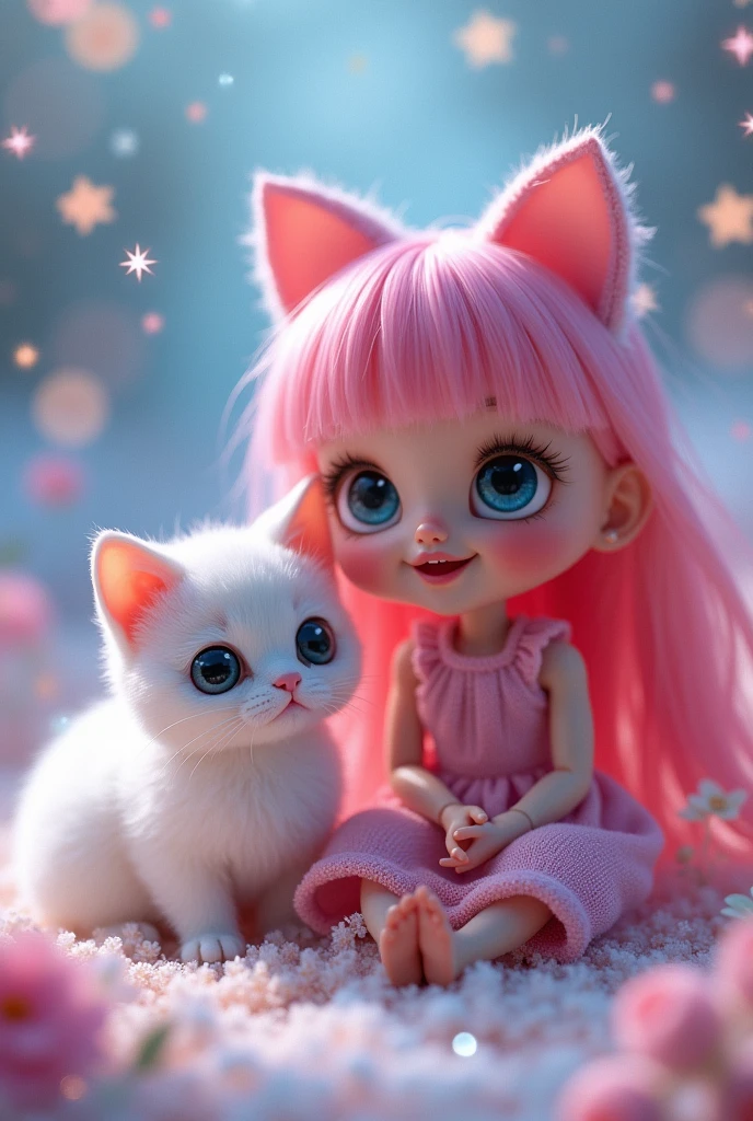 Little doll using cat ears with pink hair smiling looking to the front with a white cat with a magic background