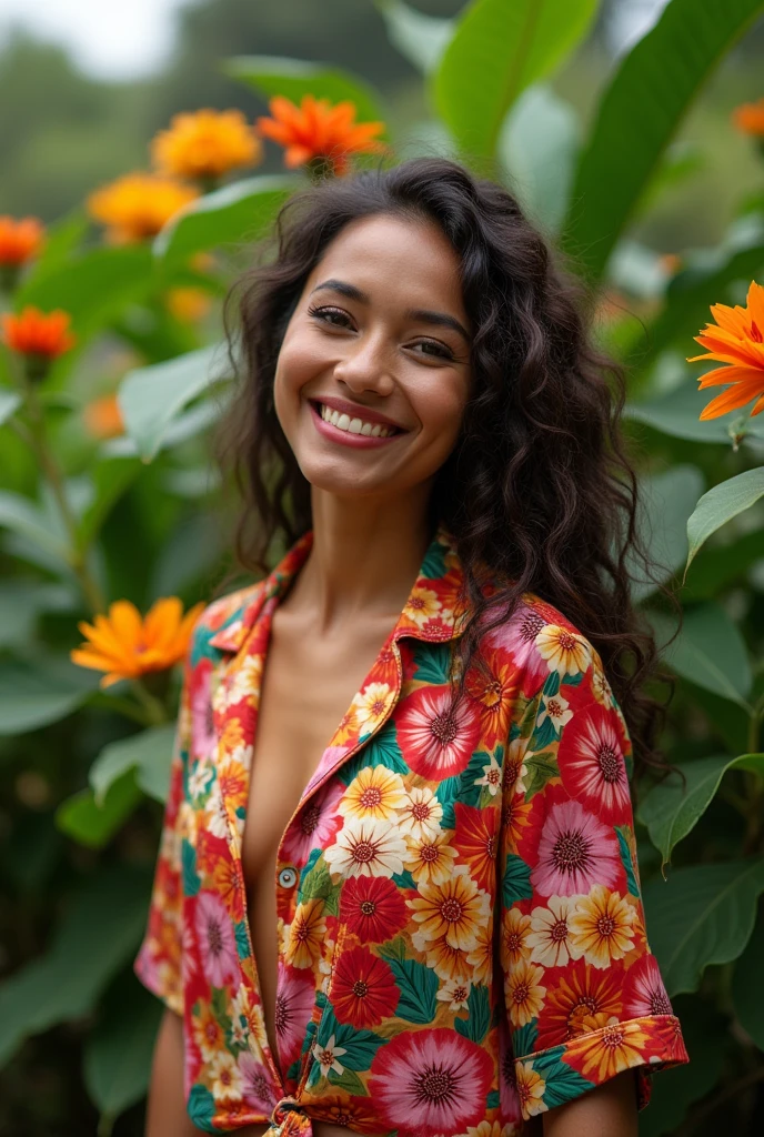 A Brazilian woman in a lush tropical garden, wearing an open shirt with a floral print, with a close-up capturing the harmonious beauty between her breasts and the natural flowers, showing off your natural charm and outgoing personality.