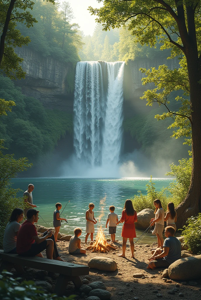 Church outing destination with falls, people catching fish, swiming,campfire,pond, people praying laughter joy