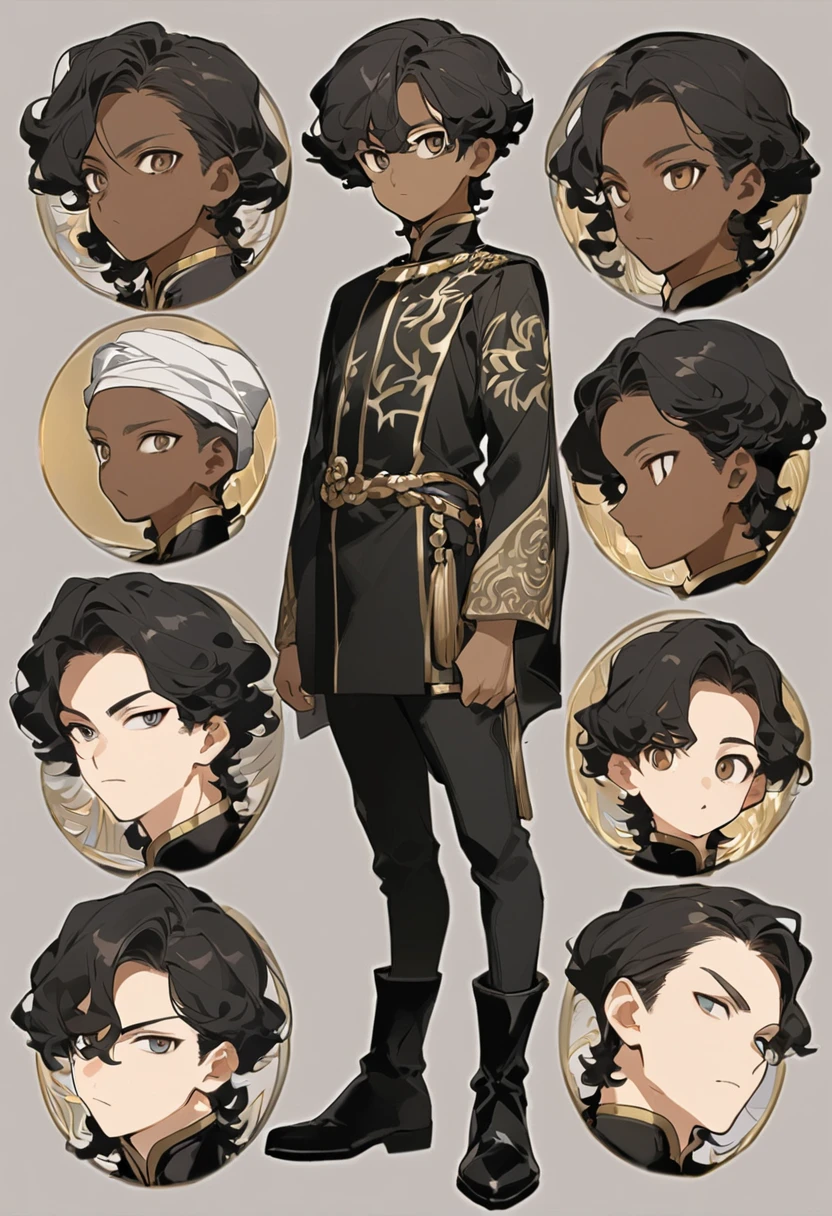 (Boy1),(Man of the masculine gender),(young),(Full body portrait:1.5),(17 year old teenager),(average physical height),(height 1.86cm),(Dark skin:2.0),(mixed facial caricatures oval face and thick flat nose but a little thin And big mouth but smaller and a little thin),(short curly hair on both sides),(dark brown eyes),(young appearance of a teenager),(Wearing),+,(an 8th century emperor's outfit consisting of a still shiny black cape and black pants with black boots with gold lines and a blouse with black sleeves with gold)