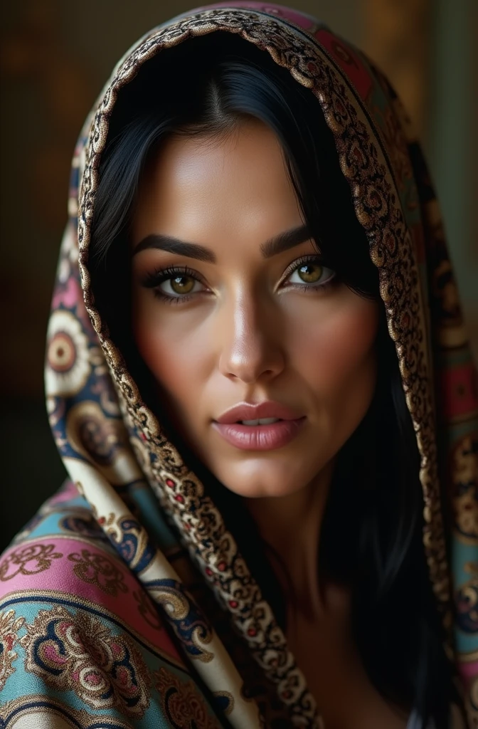 (best quality ,masterpiece,ultra high res,(photo realistic:1.4), Beautiful mature Women with Perfect Figure: 1.4, Slender Abs: 1.2, round juicy bouncy boobs, (Long pon Hair)), Highly detailed,Detailed Face and Skin and makeup, (Pose Seductive,long dark pink white blue golden printted shawl wearing laying on same design silk printed bed, see_through,catching pose,forward leaning posture,View from behind)