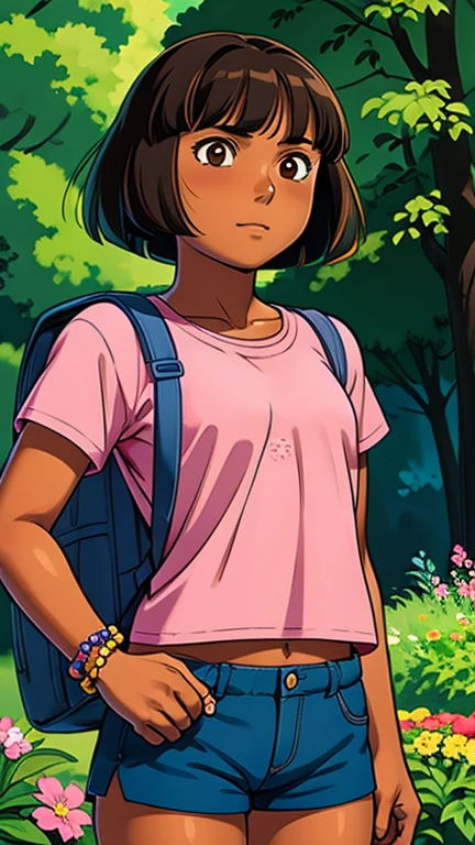 (1girl, dora), (extremely detailed CG unit 8k wallpaper),(master part), (best quality), (ultra detail), (best illustration),(takamichi style), cowboy shot, (Sharp eyeliner, ombre, detailed eyes:1), garden, outdoors ,GHIBLI_Background, break , upper body,(pink shirt, shorts, bracelet,backpack,brown eyes, flower, dark-skinned female, (tan), bob cut), 