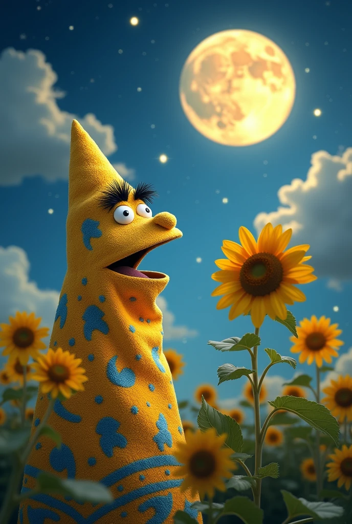 Towel talking to the moon about the sunflower's life , OS 3 with a mocking face and side by side