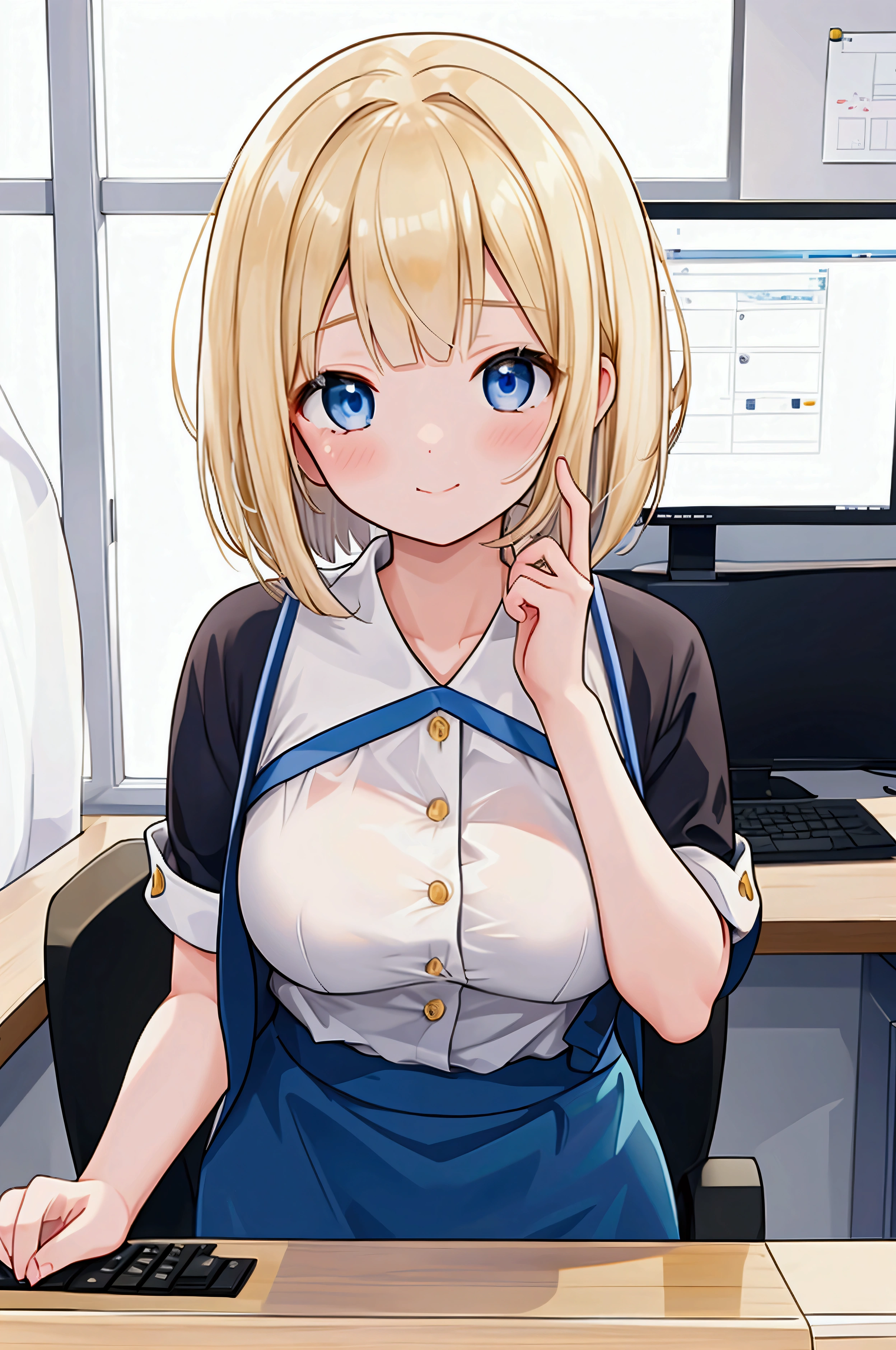 Photorealistic、Highest quality、Highest Resolution、Highest quality、16Ｋ、computerでworkをする1人の美しい女性、OL、Cute face、Delicate face、Bob cut hair、A beautiful woman with thin golden hair、Pale blue eyes、Beautiful breasts、Big Breasts、office、computer、work、