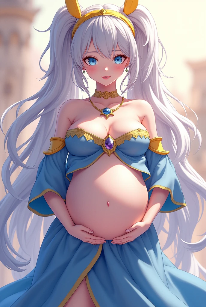 VELZARD, BANGS, BLUE EYES, GREY HAIR, HAIR BETWEEN EYES, LONG HAIR, TWINTAILS, YELLOW HAIRBAND, BARE SHOULDERS, JEWELRY, NECKLACE, DRESS, CLEAVAGE, DETACHED SLEEVES, BLUE SKIRT, 1girl, solo, upper body, facing viewer, looking at viewer, smile, pregnant belly, (pregnant belly:1.5), big belly, huge belly, hyper pregnant, (hyper pregnant:1.6), large belly, vore, (vore:1.3), (barriga perfecta), (big belly:1.5), (pregnant:1.3), (Manos perfectas, Perfect anatomy), (barriga con forma humana), extremely detailed CG, (perfect hands, perfect anatomy), (Beautiful,large_Breasts:1.8), big breasts, large breasts, (big breasts:1.7), (huge big breasts:1.6), masterpiece),best quality, expressive eyes, perfect face, 1girl, big breast, H-cup, good breast, beautiful, gorgeous,anime,girl,lora, nipple visible though clothes,ph, embarrassed,