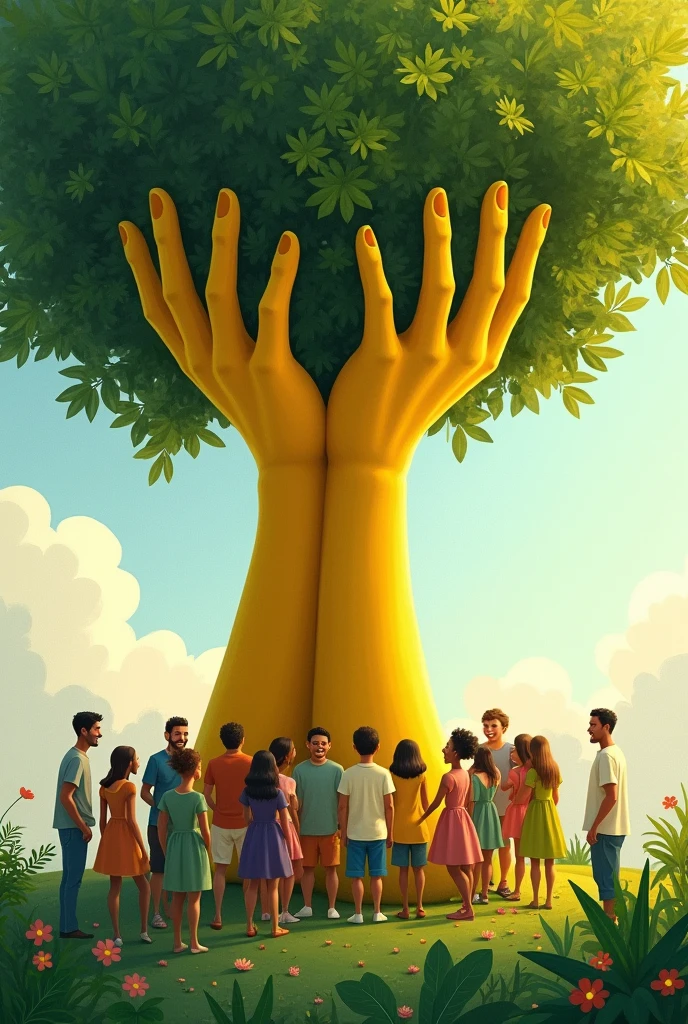 An image where two yellow hands raised high form the crown of a tree, a patch of leaves where at the foot of this tree people of different ethnicities connect
