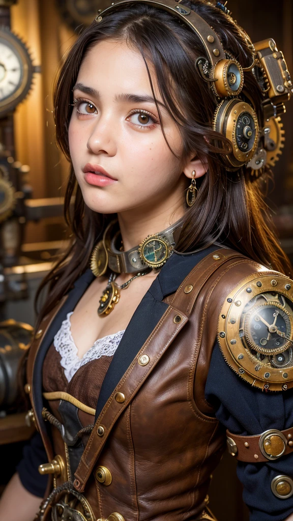 Columbian 13 year old girl, half body view, detailed european face, (aspiring facial expression), (((steampunk style close))), ((steampunk city on the background)), RAW, analog style, ultra detailed photograph, cinematic lighting, artstation, 4K, sharp focus, high resolution, detailed skin, detailed eyes,child