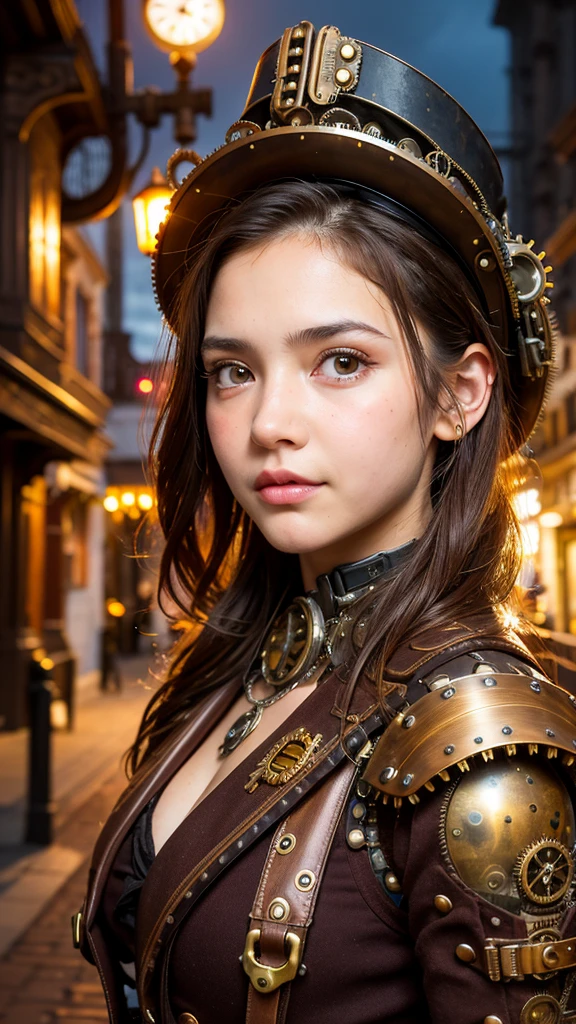 Columbian 13 year old girl, half body view, detailed european face, (aspiring facial expression), (((steampunk style close))), ((steampunk city on the background)), RAW, analog style, ultra detailed photograph, cinematic lighting, artstation, 4K, sharp focus, high resolution, detailed skin, detailed eyes,child