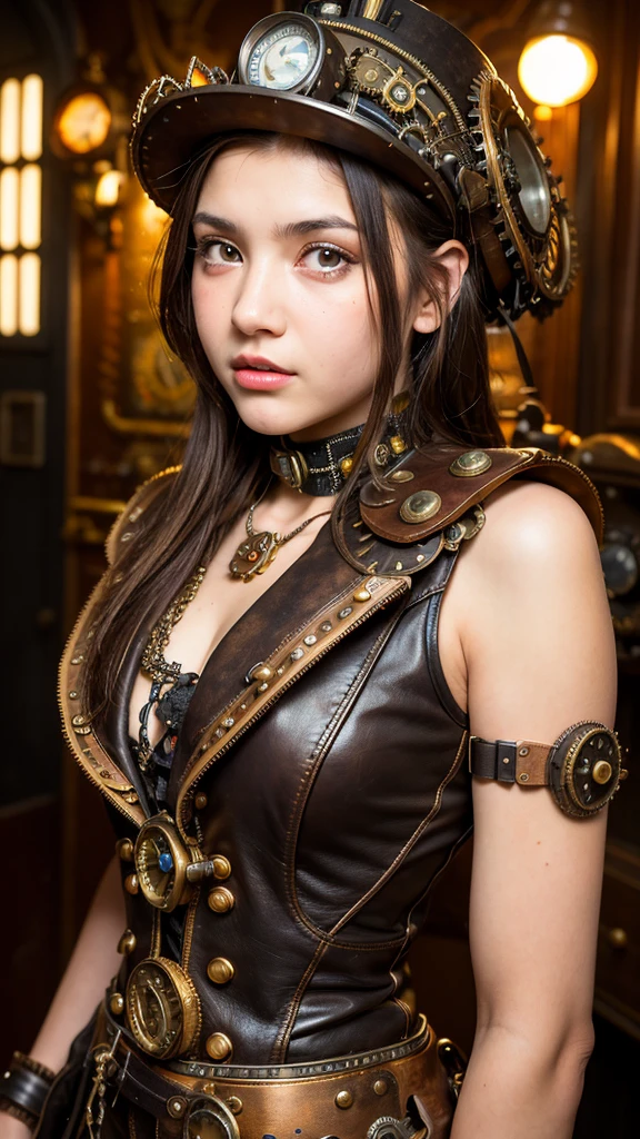 Columbian 13 year old girl, half body view, detailed european face, (aspiring facial expression), (((steampunk style close))), ((steampunk city on the background)), RAW, analog style, ultra detailed photograph, cinematic lighting, artstation, 4K, sharp focus, high resolution, detailed skin, detailed eyes,child