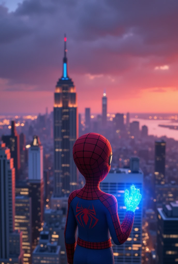 Animated lonely boy with a power hand and a spiderman mask on his face