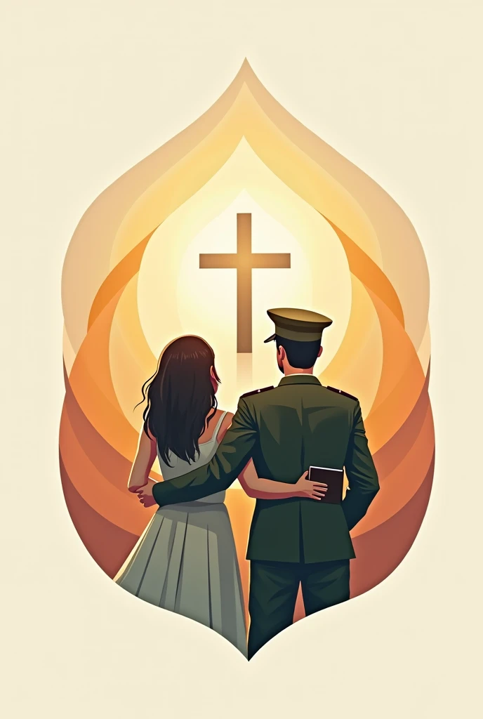 A logo for a church where the church's purposes are reflected in symbols: adoration, evangelism, discipleship, service and communion
Where there is no presence of the sun symbol or weapons and that has in the image exactly five concentric circles
Place a soldier with his hands raised in a sign of adoration with a bible under his arm embraced with his wife and looking at a cross