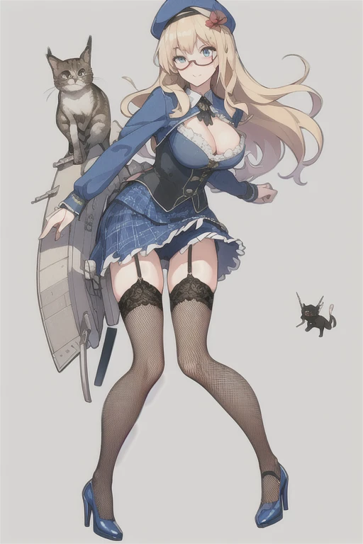 Hood \(warship girls r\),((masterpiece)),(((best quality))),((ultra-detailed)),((illustration)),((disheveled hair)),((frills)),(1 girl),(solo),1girl,aircraft,airplane,animal,black cat,blonde hair,blue dress,blue eyes,blue footwear,blue skirt,blush,breasts,cat,cleavage,dress,fishnet legwear,fishnets,garter belt,garter straps,glasses,hair ornament,hat,high heels,lace,lace-trimmed legwear,lace trim,long hair,medium breasts,red-framed eyewear,round eyewear,semi-rimless eyewear,shoes,skirt,solo,thighhighs,torn clothes,under-rim eyewear,underwear,
Moderate legs,